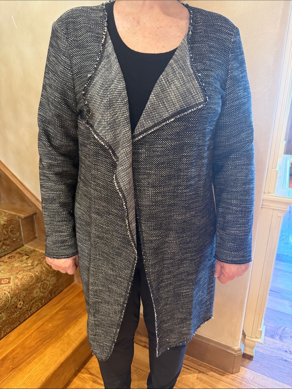 Eileen Fisher Black and Gray Open-Front Long Coatigan